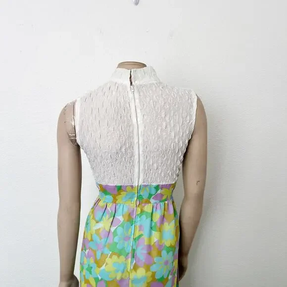 [Vintage] 60s 70s Cream Mock Neck Groovy Floral Print Bow Maxi Dress Sz Medium M - Picture 4 of 12